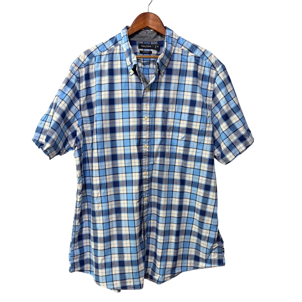 Nautica Mens 2XL Blue White Plaid Stretch Short Sleeve Button Down Shirt Classic